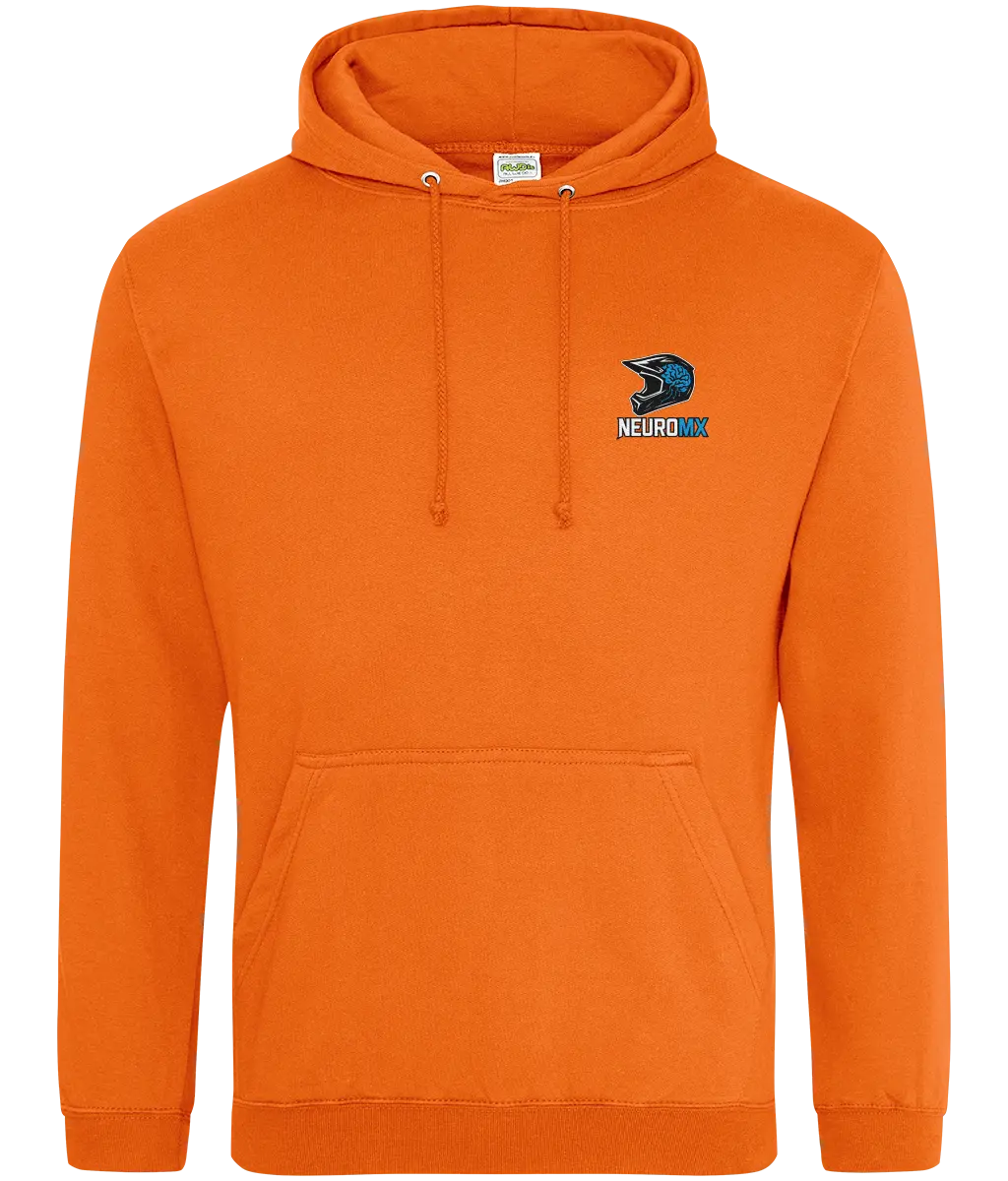 Orange motocross hoodie with front pocket and blue helmet logo, casual clothing