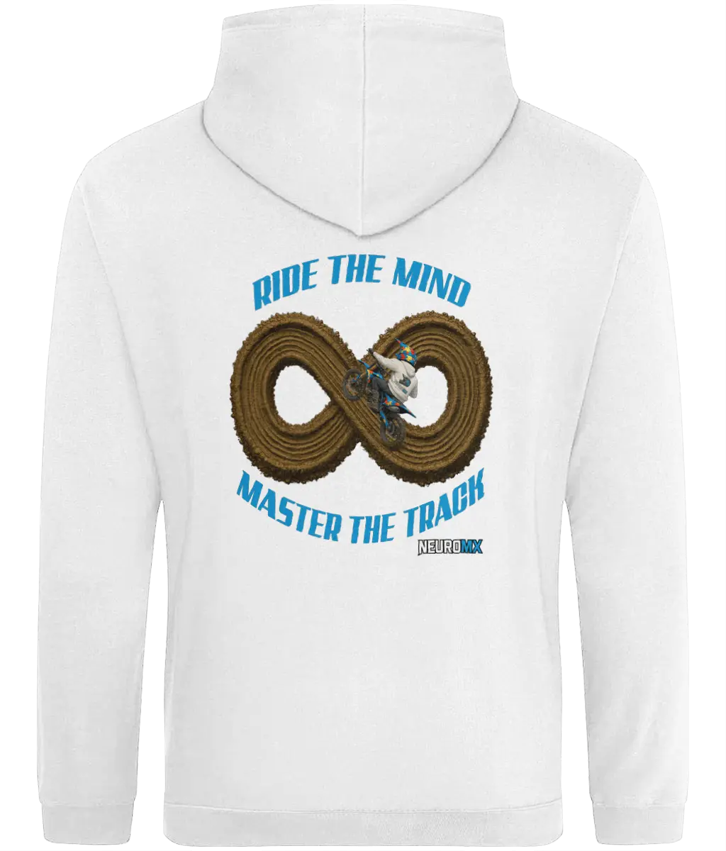 White hoodie with motocross rider on infinity dirt track, blue 'Ride the Mind Master the Track' text.