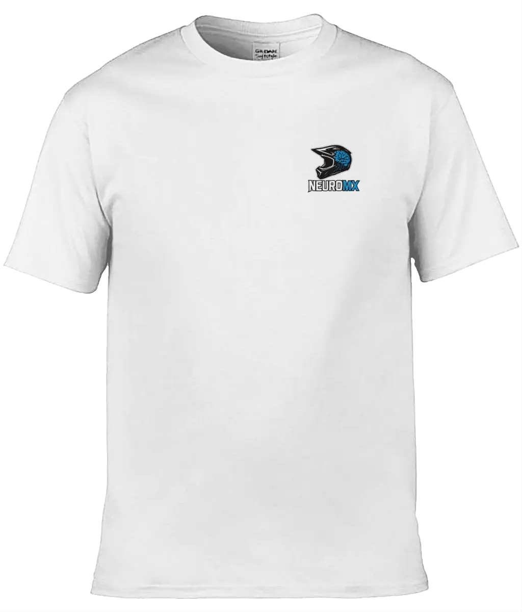 White motocross t-shirt featuring a helmet and brain graphic with NeuroMX text logo