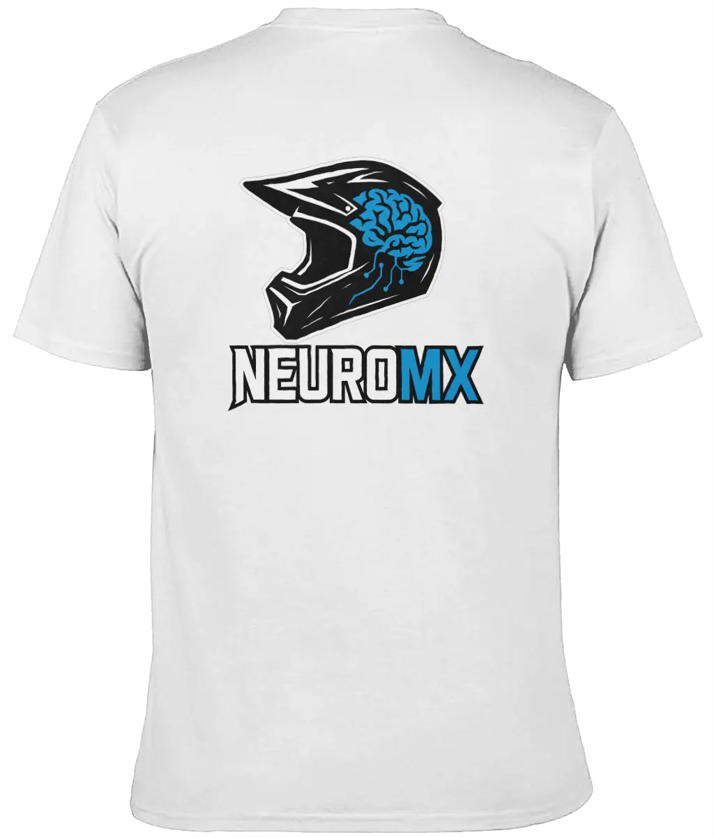 White motocross T-shirt with helmet and blue brain graphic, NEUROMX text on back