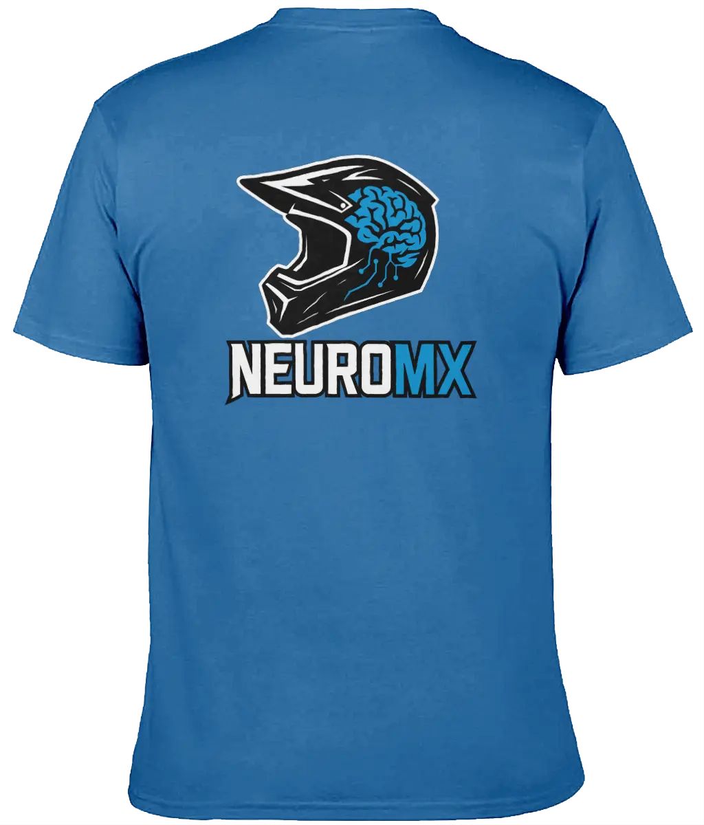 Blue motocross t-shirt with helmet and brain graphic, NEUROMX text on back, neurodiversity theme