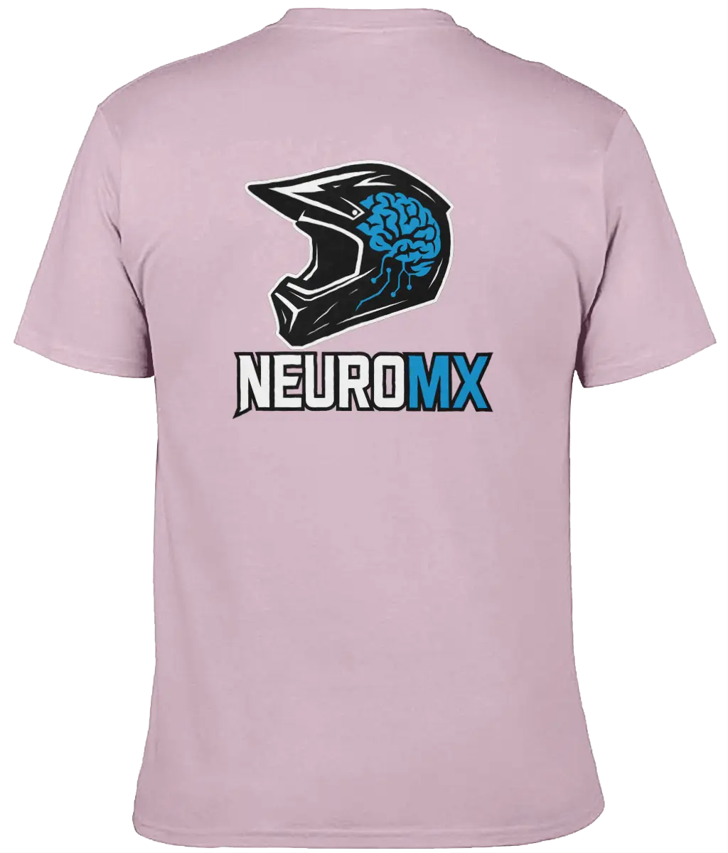 Light pink t-shirt with a motocross helmet and brain graphic above bold NEUROMX text on the back.