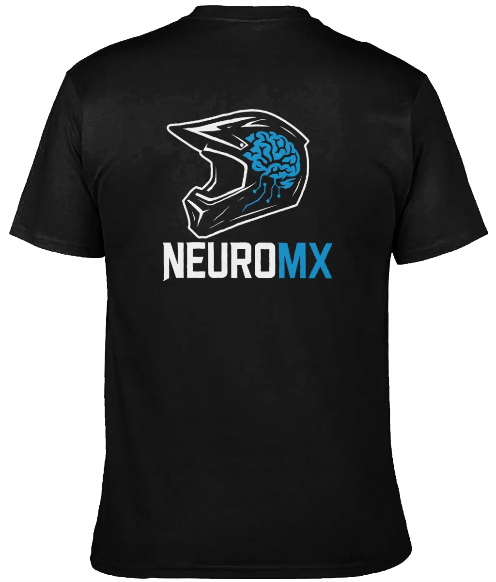 Black motocross t-shirt with helmet and blue brain graphic, NEUROMX text on back
