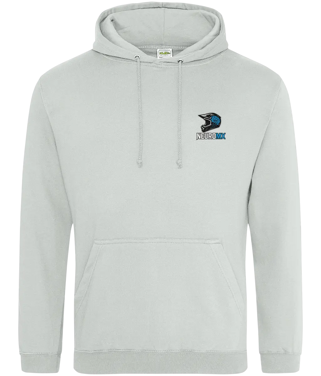 Light grey motocross hoodie with helmet and brain logo, kangaroo pocket, and drawstrings