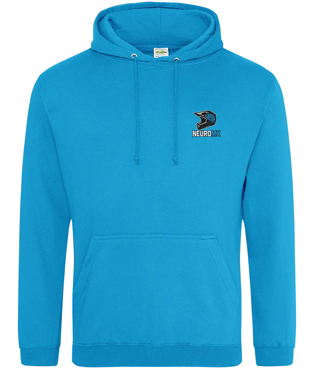 Blue motocross hoodie with helmet graphic and NEURO MX text on the chest