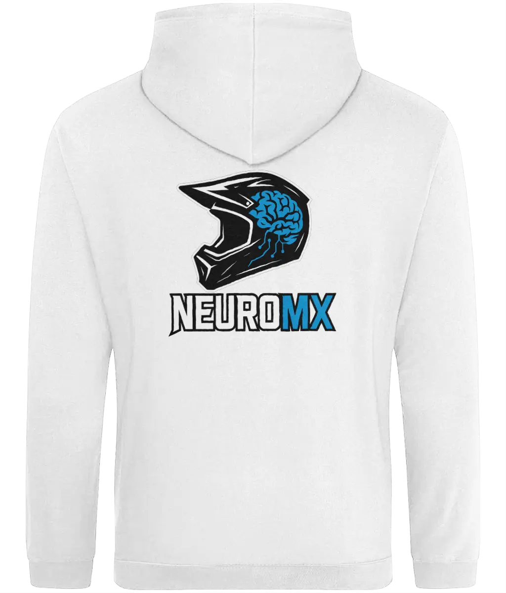 White hoodie with motocross helmet and blue brain graphic, NEUROMX text on back