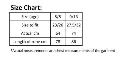 Motocross apparel size chart showing age, fit, chest, and robe length in centimeters