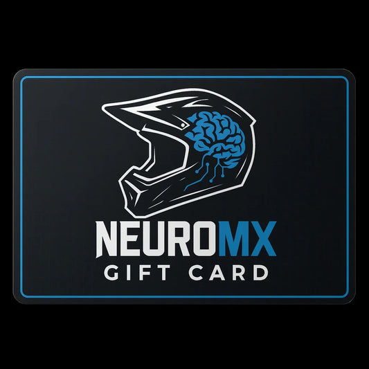 Motocross helmet with brain graphic and text 'NEUROMX Gift Card' on black card.