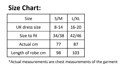 Motocross apparel size chart with UK dress sizes, chest measurements, and robe lengths for S/M and L/XL.